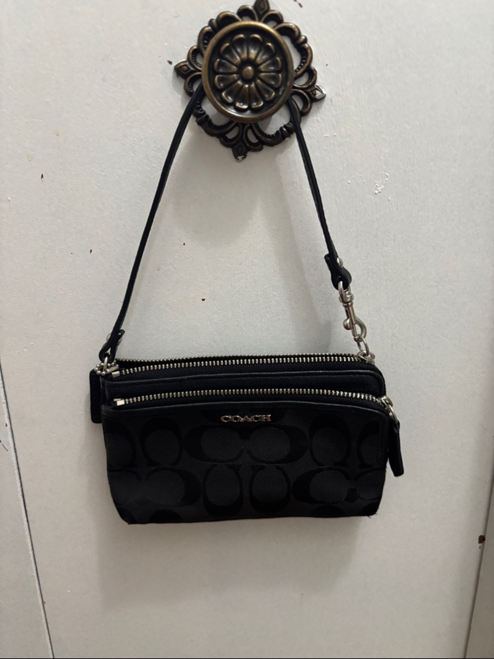 Coach Black Signature Mini Double-Zip Wristlet